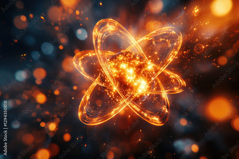 Poster a fiery, abstract depiction of an atom's structure, glowing with energy and intensity.