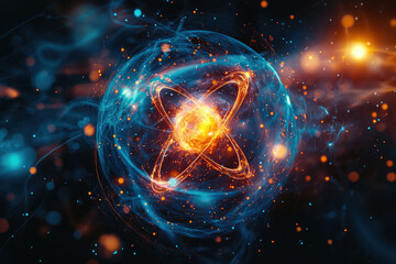 Abstract depiction of an atom, glowing with vibrant orange and blue energy, symbolizing atomic structure and energy.