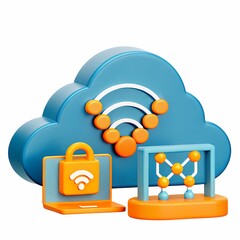 5G Network internet latency 3D cloud computing icons with wireless and security elements in blue and orange.