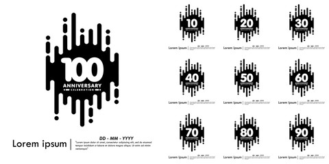 Fototapeta premium Set of 10-100th years anniversary celebration emblem. black anniversary logo isolated with vertical rounded lines geometric shape on white background. vector illustration template design