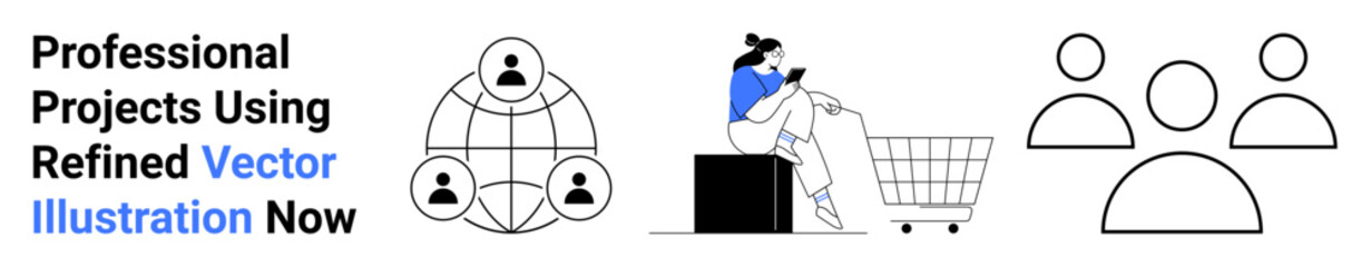 Human-centric global network, woman shopping online, group of users connected. Ideal for tech products, e-commerce, community building, user interface, marketing, social platforms flat landing page