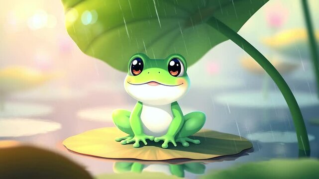 Cute frog under lily pad in rain ,
lofi anime aesthetic backgrounds , looping seamless time-lapse