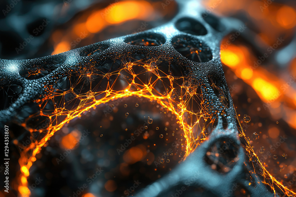 Poster Abstract 3D rendering of a dark, wet, interconnected network glowing orange.