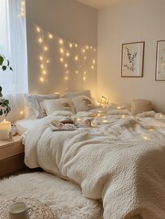Cozy bedroom decorated with lights and a cozy comforter