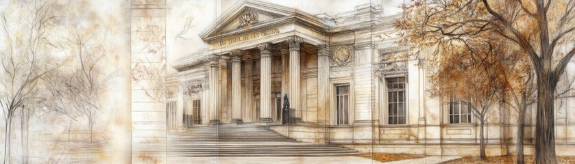 Obraz premium Beige Stone Classical Building with Columns Autumn Trees