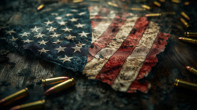 Symbolic American Flag with Bullet Casings and Smoke for Conflict and Patriotism Concepts