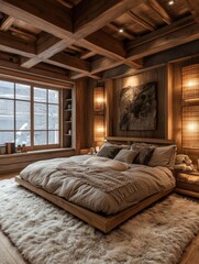 Fototapeta premium A cozy bedroom features wooden beams with a bed and rug