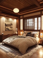 A beautiful bedroom features Japanese style decoration and furnishings