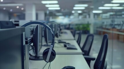 Fototapeta premium Headset and customer support equipment at call center ready for actively service . Corporate business help desk and telephone assistance concept