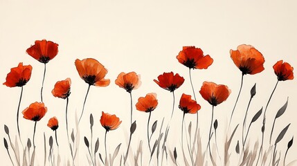 Obraz premium Gentle Wildflowers, Watercolor Sketch Delicate Orange Poppies in Bloom on a Soft Ivory Background.