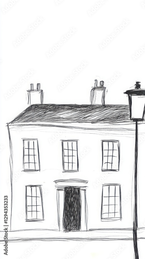 Poster black and white line drawing of a two story house with streetlight and other elements of architectur