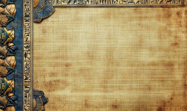Ancient egyptian scroll with detailed blue and gold decorative border.