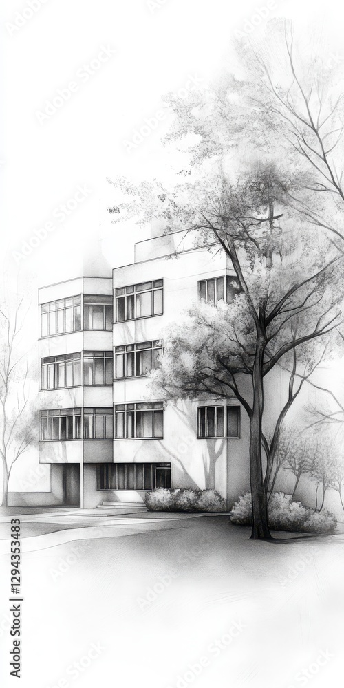 Poster black and white pencil sketch of a multistory building and tree plantations outside it building stru
