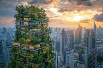 Naklejka premium A green city skyline, where nature and urban life blend seamlessly, with trees growing alongside buildings and green rooftops. 