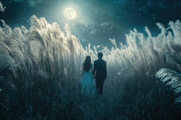 A couple walks hand-in-hand through tall grass under a romantic moonlit night sky.
