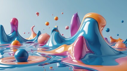 Fototapeta premium Colorful abstract landscape with smooth, flowing shapes and spheres reflecting light on a serene surface