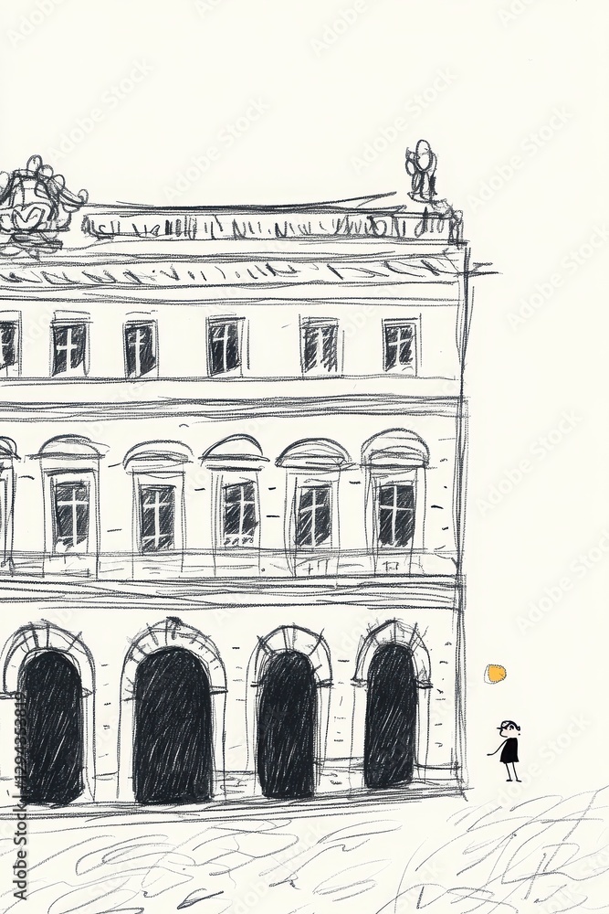 Aufkleber black and white sketch of a classical building with a small figure in front of it with architectural