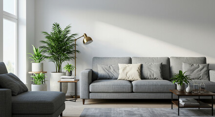 Scandinavian-inspired interior design featuring a comfortable couch, a sleek side table, and vibrant green plants