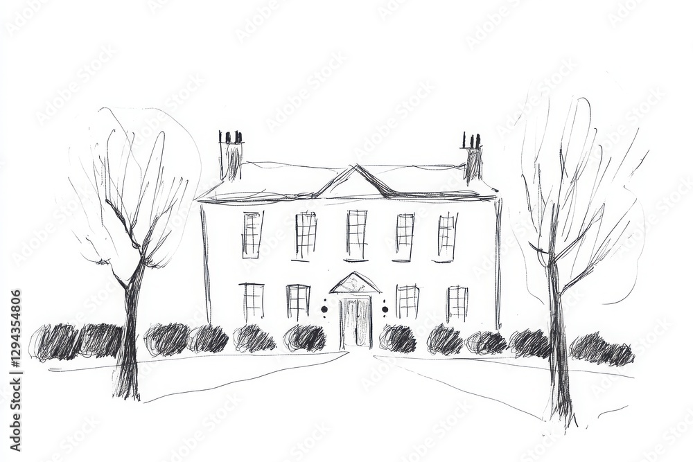 Poster Black And White Sketch Of A House Exterior With Trees And Landscape Background Drawing Of Architectural Design Elements With Perspective View On Simple Monochromatic Illustration Style Using Lines