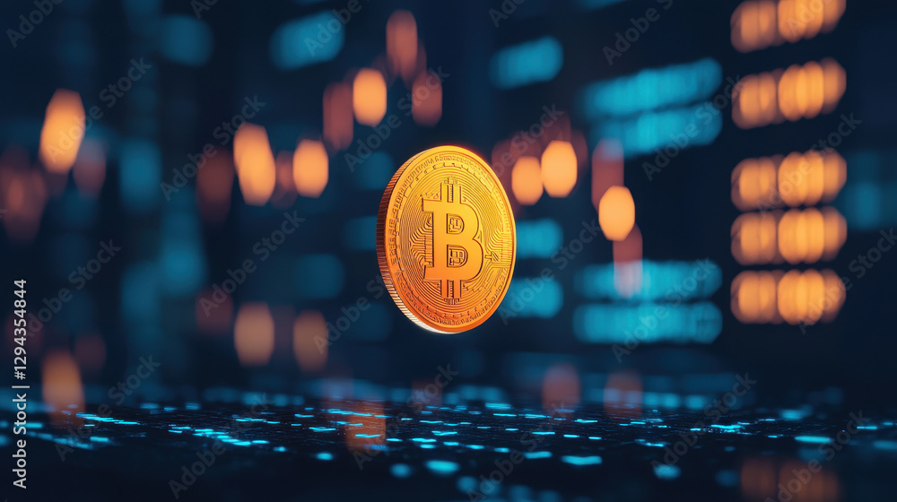 Poster Digital currency coin floating above stock exchange background
