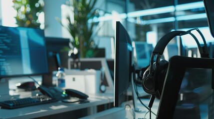 Headset and customer support equipment at call center ready for actively service . Corporate business help desk and telephone assistance concept