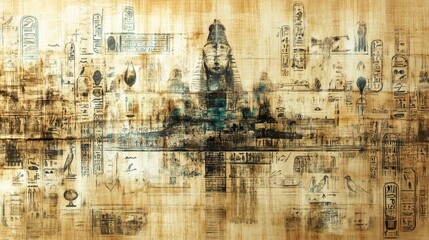Obraz premium Ancient Egyptian art featuring a majestic sphinx and hieroglyphs.