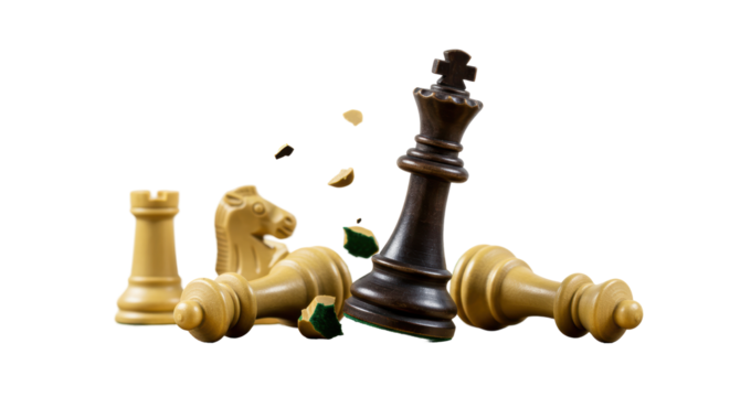 Isolated Fallen Chess King, Surrounded by Defeated Pieces