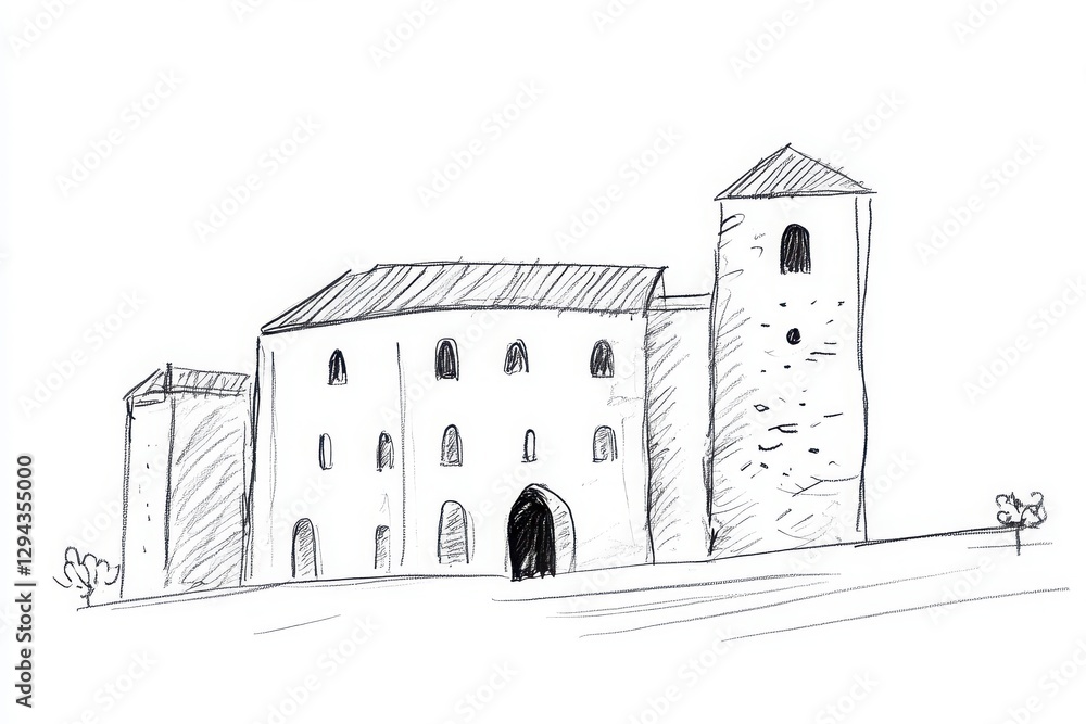 Aufkleber black and white sketch of a simple church building with a tower structure and windows exterior view 