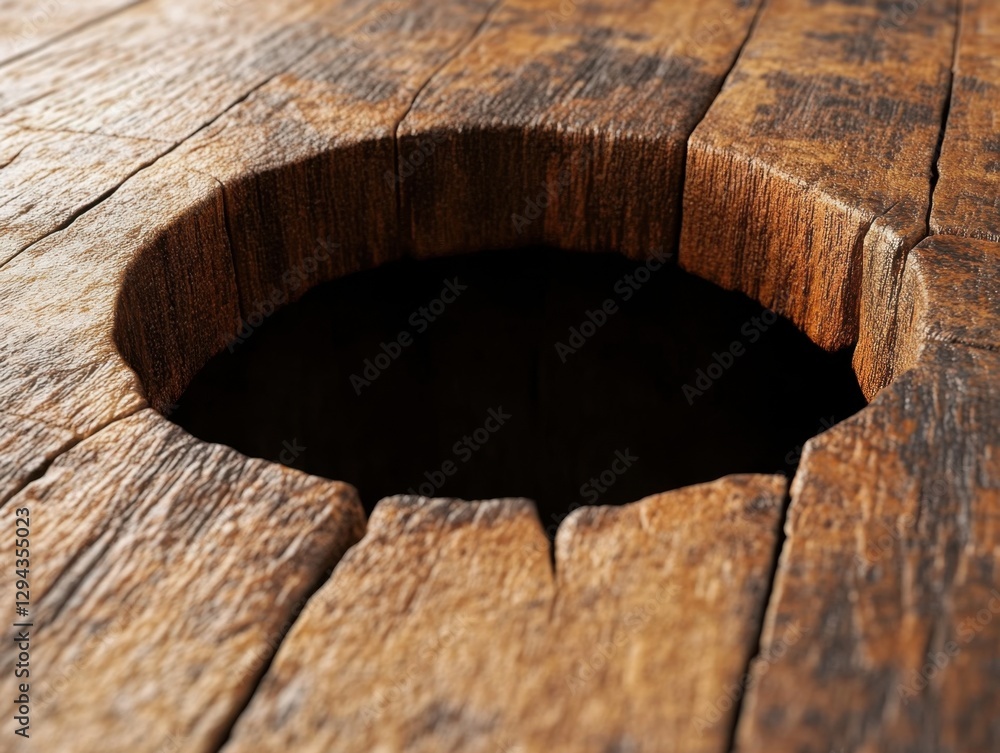 Poster rustic wooden table with a circular hole center focus on texture detail and dark void abstract compo