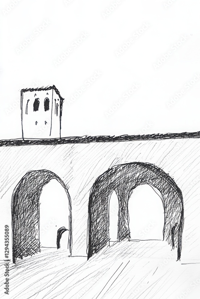 Aufkleber black and white sketch of a stone arch bridge with a small tower and detailing of structures in pers