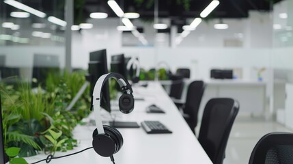 Fototapeta premium Headset and customer support equipment at call center ready for actively service . Corporate business help desk and telephone assistance concept