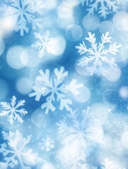 A serene winter background featuring delicate snowflakes against a soft blue bokeh backdrop