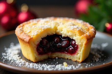 Close-up of a Christmas mince pie with a single, clean bite taken out of it , crumb, still life, baking