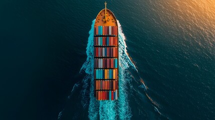 Aerial Drone Perspective of a Large Container Ship Cutting Through the Vast Ocean Leaving a Foamy White Trail Behind as it Travels