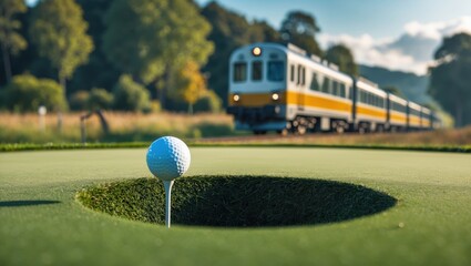 A golf ball poised at the edge of a hole on a green, with a train traveling in the background under a bright sky
