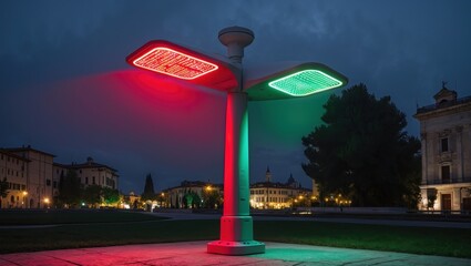 Illuminated artistic street lamp with red and green lights in an urban park during twilight