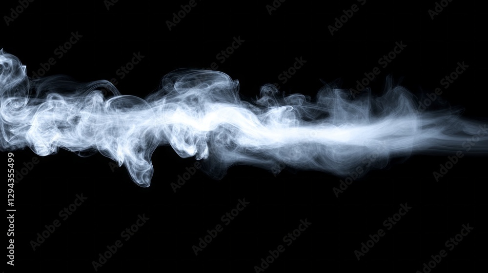 Poster A mesmerizing flow of white smoke twists and turns, creating a dynamic visual on a black canvas. Its delicate forms evoke tranquility and mystery, captivating the viewer's attention