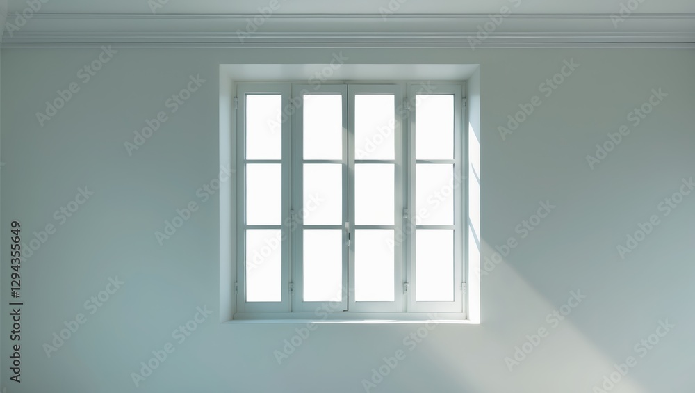 Poster minimalist interior with a white wall and a large window allowing sunlight to stream in, creating a 