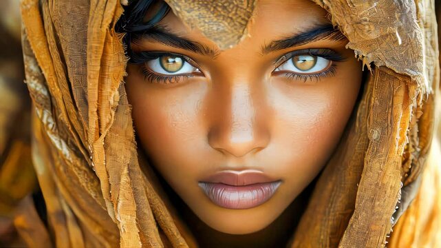 Black woman in a nomadic hut, her striking eyes reflecting resilience and strength, capturing an intimate moment of culture