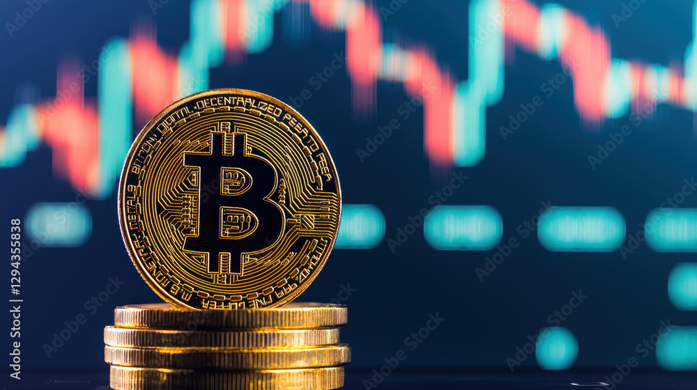 Poster bitcoin coin stacked on modern trading platform with charts