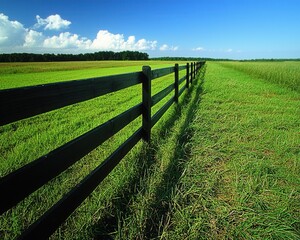 Fototapeta premium A lush green lawn, freshly mowed, stretches out before a pristine white picket fence, evoking the peaceful atmosphere of suburban life. 