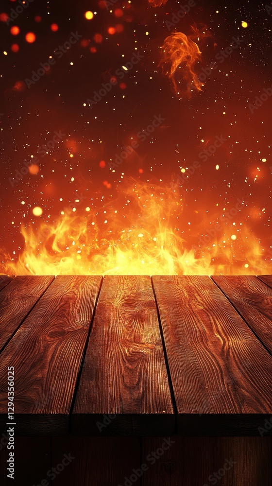 Poster Rustic wooden table before a fiery background with sparks creating a warm and inviting atmosphere perfect for product placement or seasonal themes