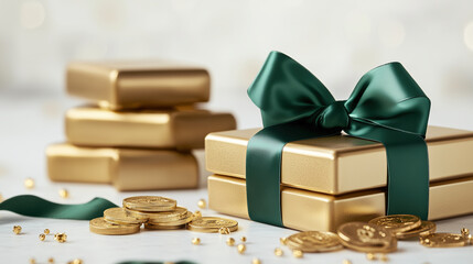 Golden gift boxes with green ribbon, gold coins, and bars create festive atmosphere. Perfect for celebrations, holidays, or special occasions, this arrangement exudes luxury and joy