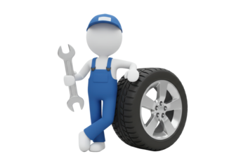 Isolated Cartoon Mechanic with Wrench and Car Tire