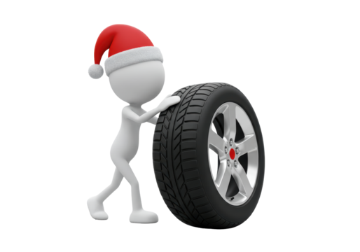 Isolated 3D Mannequin in Santa Hat Pushing Tire