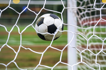 A soccer ball mid-flight, captured in the perfect moment as it hits the back of the net in a goal