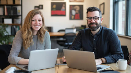 pair of co-workers, a man and a woman, sitting side by side at a desk with laptops open, discussing ideas with a minimal office setting in the background