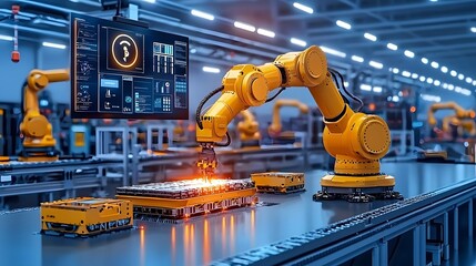 Autonomous robotic system assembling products with high precision in a modern industrial environment enhanced by advanced digital analytics interface IoT technology and AI powered optimization