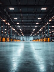 Vast warehouse interior showcasing logistical infrastructure and industrial architecture with a clean concrete floor and bright lighting