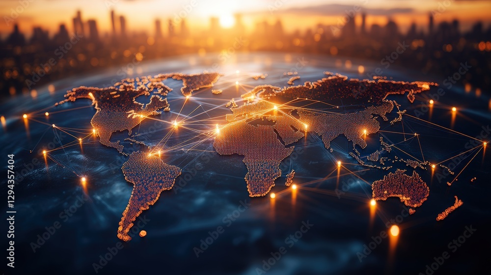 Poster world map with illuminated connections and lines representing global network and communication conce